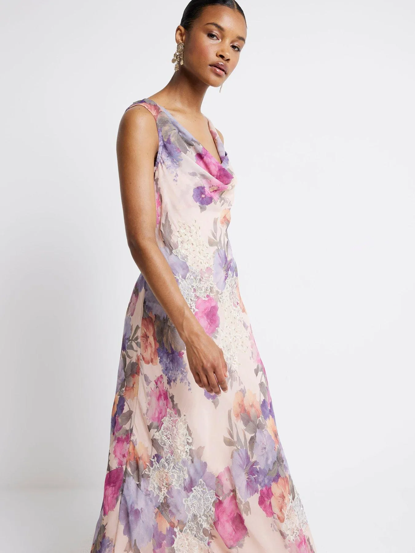 River Island Cowl Neck Maxi Floral Dress - Light Pink