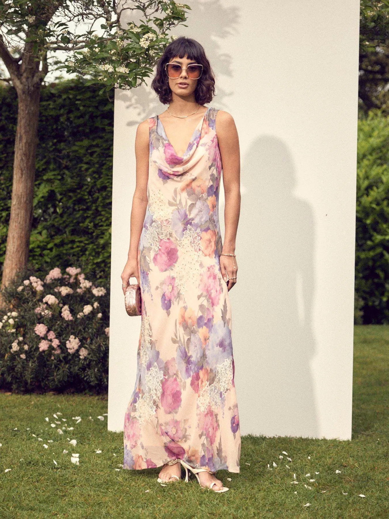 River Island Cowl Neck Maxi Floral Dress - Light Pink