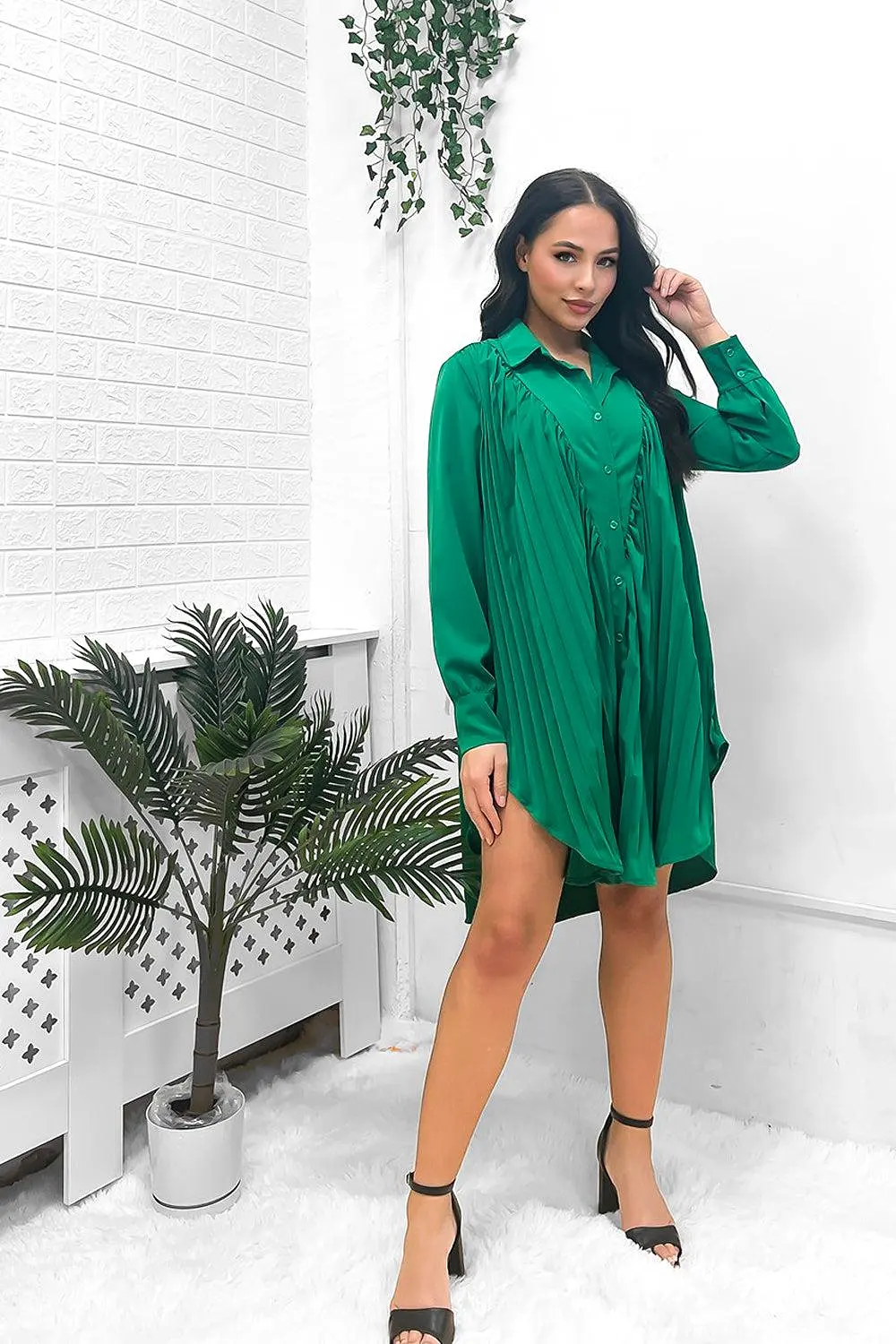 Satin Finish Pleated Shirt Dress