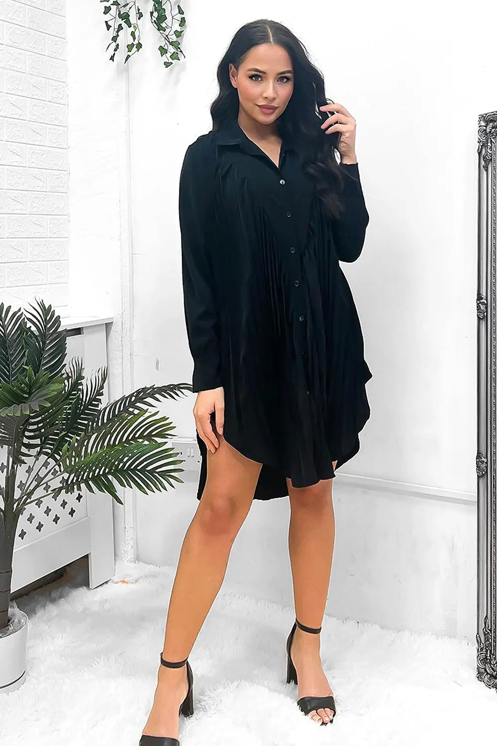 Satin Finish Pleated Shirt Dress