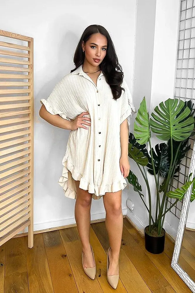 Shirred Fabric Frilled Hem Gold Buttons Shirt Dress