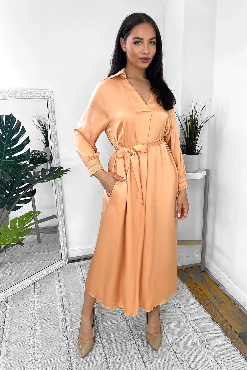 Silk Blend Satin Belted Midi Shirt Dress