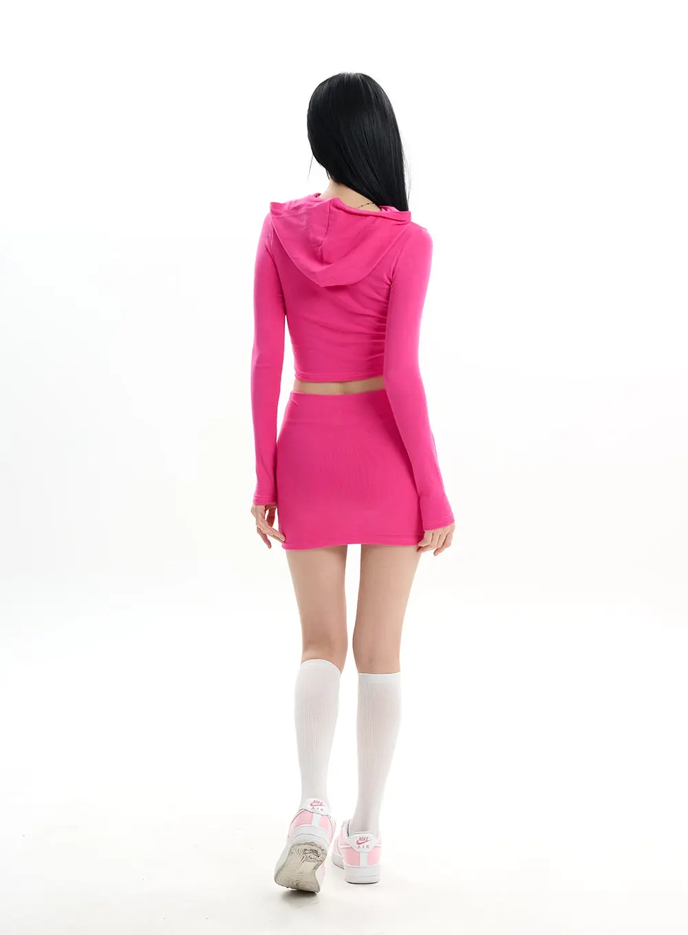 Solid Long Sleeve Hoodie & Mini Skirt Set IF413