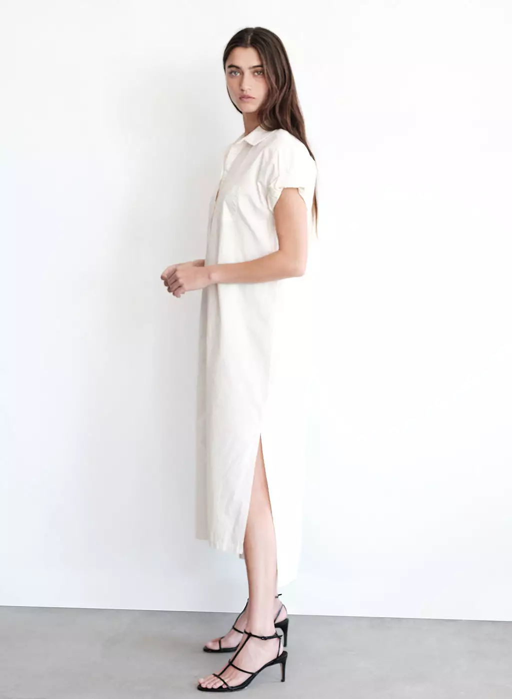 Structured Poplin Rolled Sleeve Midi Shirt Dress in Cream