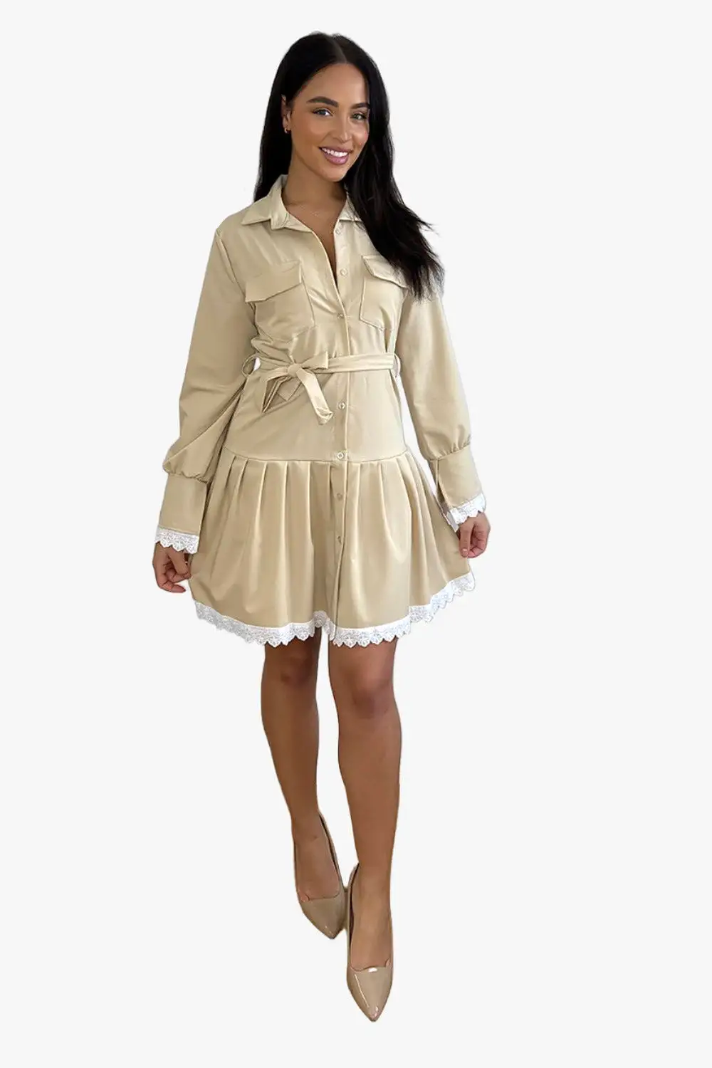 White Lace Trim Tiered Shirt Dress