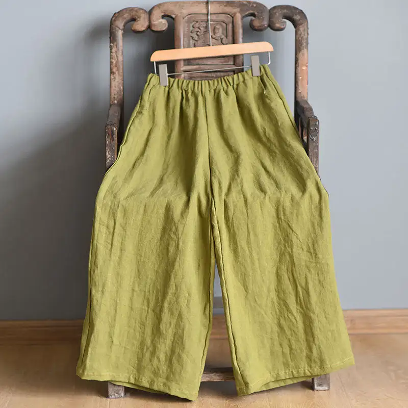 Women Spring Casual Solid Wide-leg Linen Pants KL1010