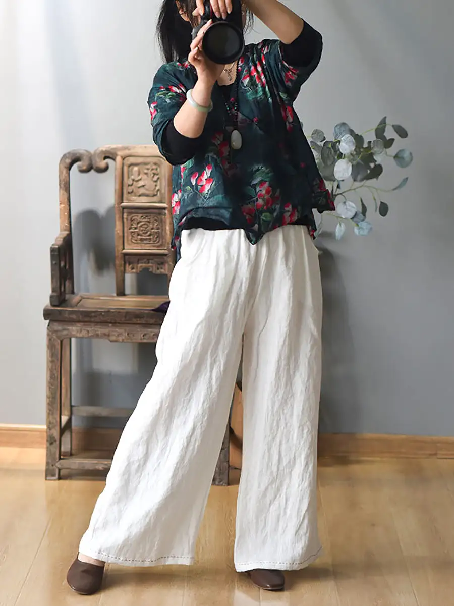 Women Spring Casual Solid Wide-leg Linen Pants KL1010