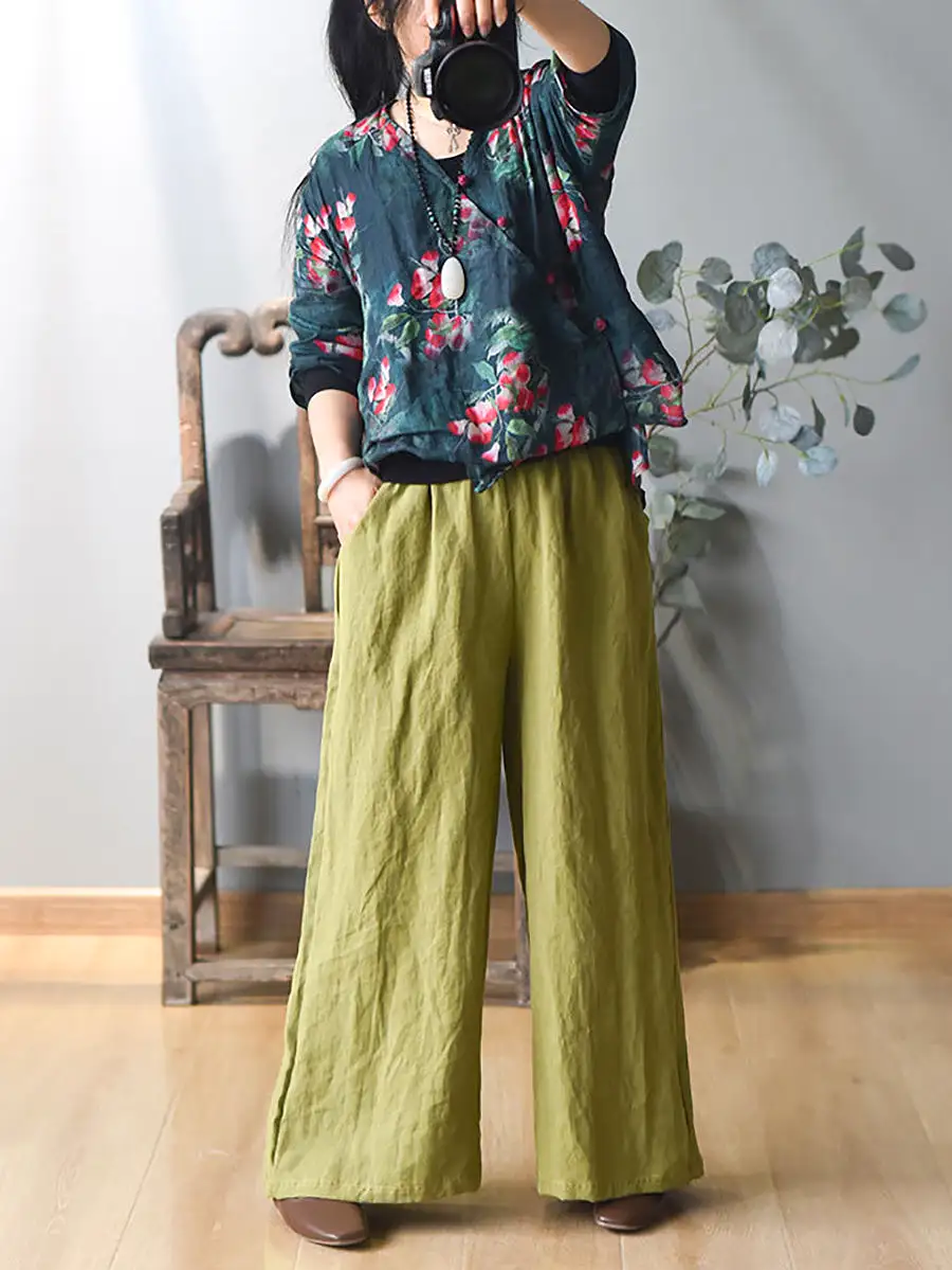 Women Spring Casual Solid Wide-leg Linen Pants KL1010