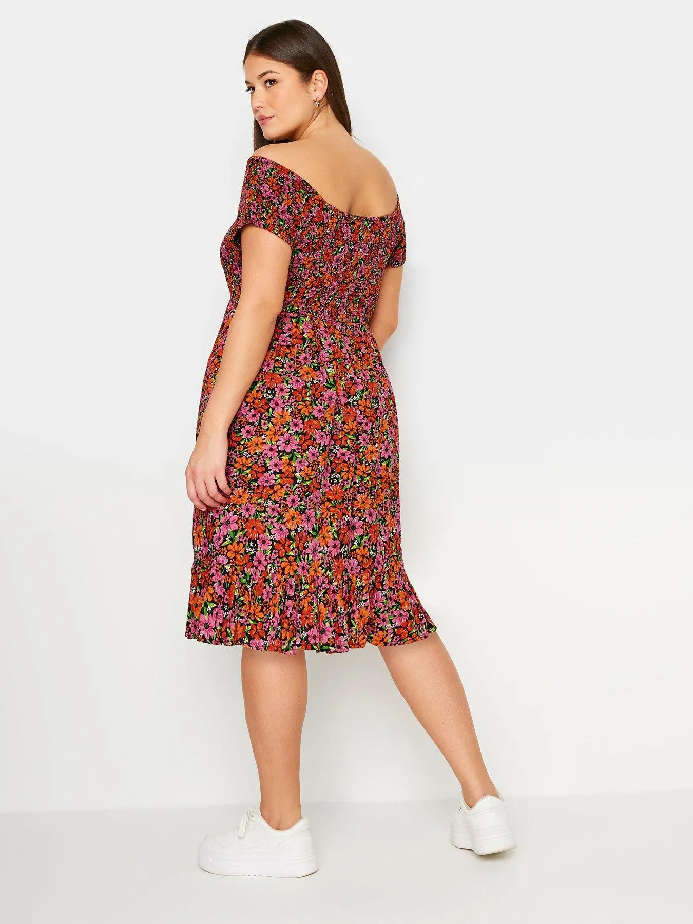 Yours Curve Shirred Bardot Midi Floral Dress - Red/Black