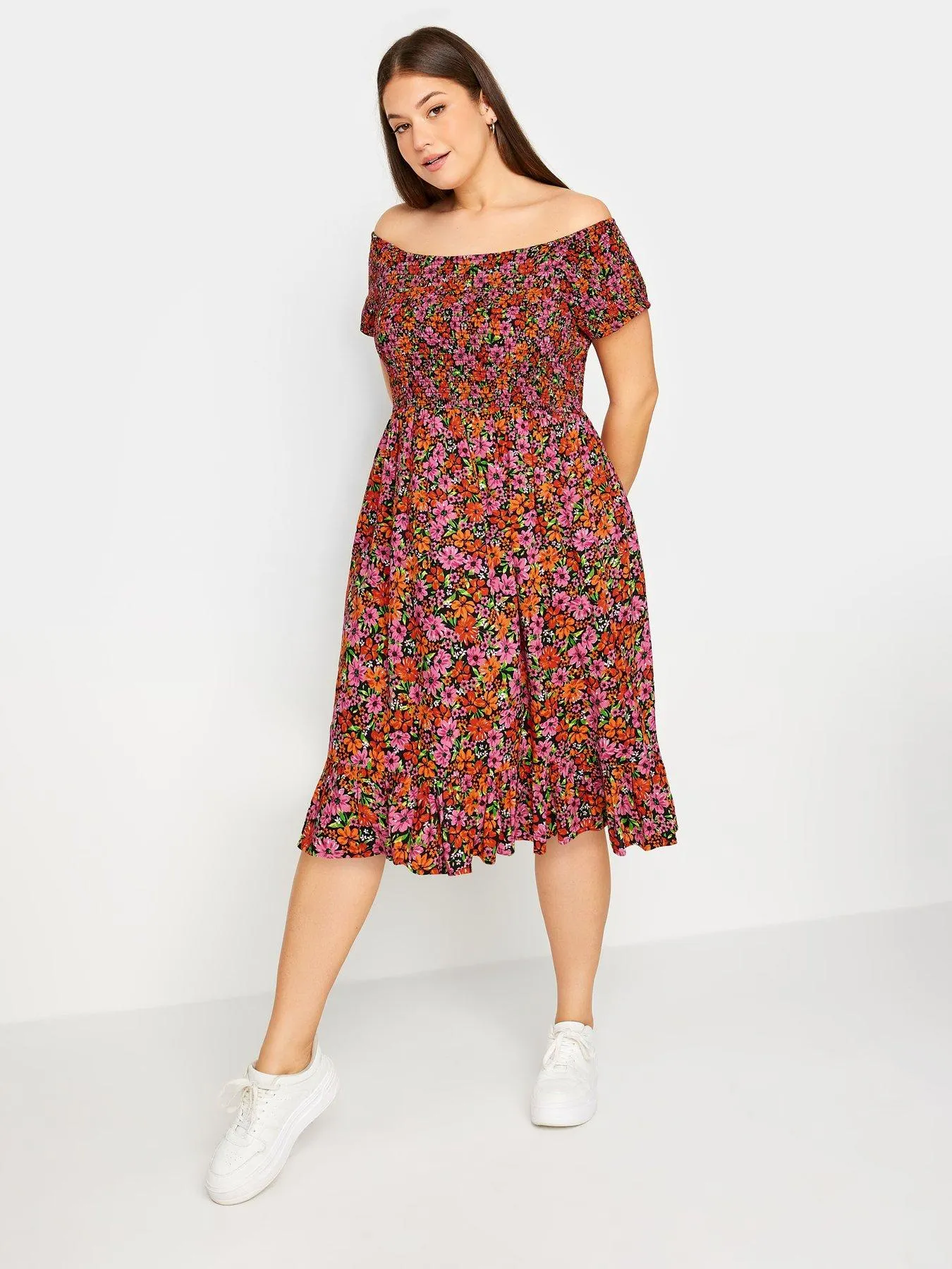 Yours Curve Shirred Bardot Midi Floral Dress - Red/Black