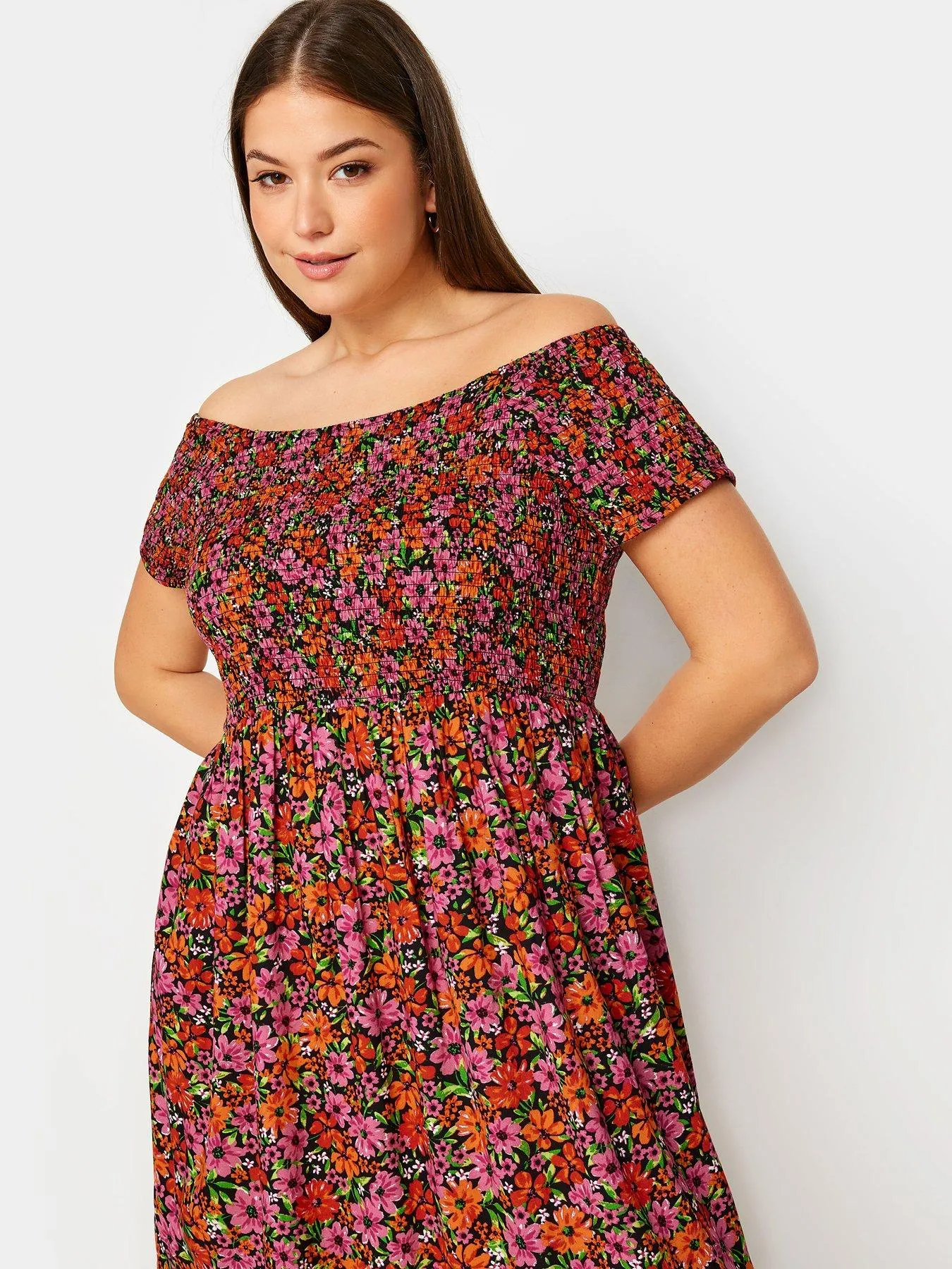 Yours Curve Shirred Bardot Midi Floral Dress - Red/Black