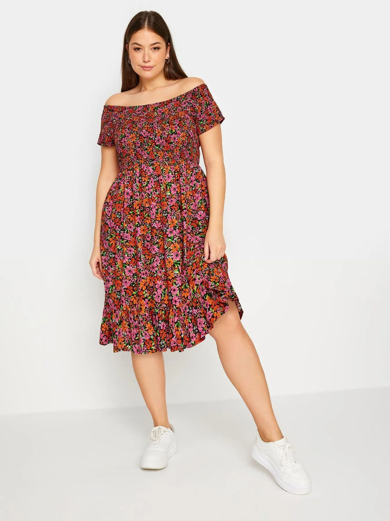 Yours Curve Shirred Bardot Midi Floral Dress - Red/Black